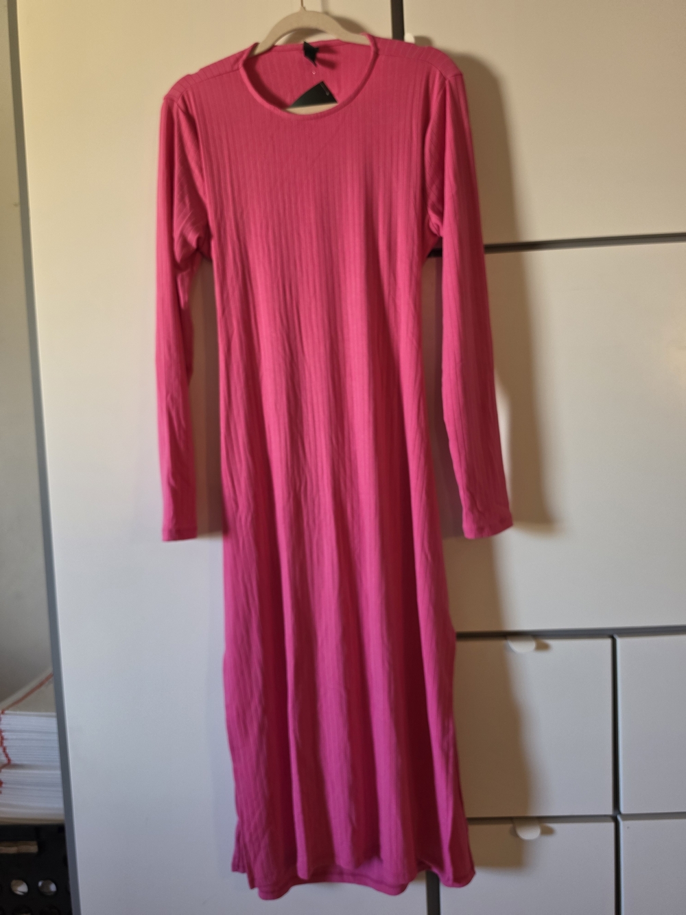 Long Sleeve Ribbed Maxi Dress in Hot Pink